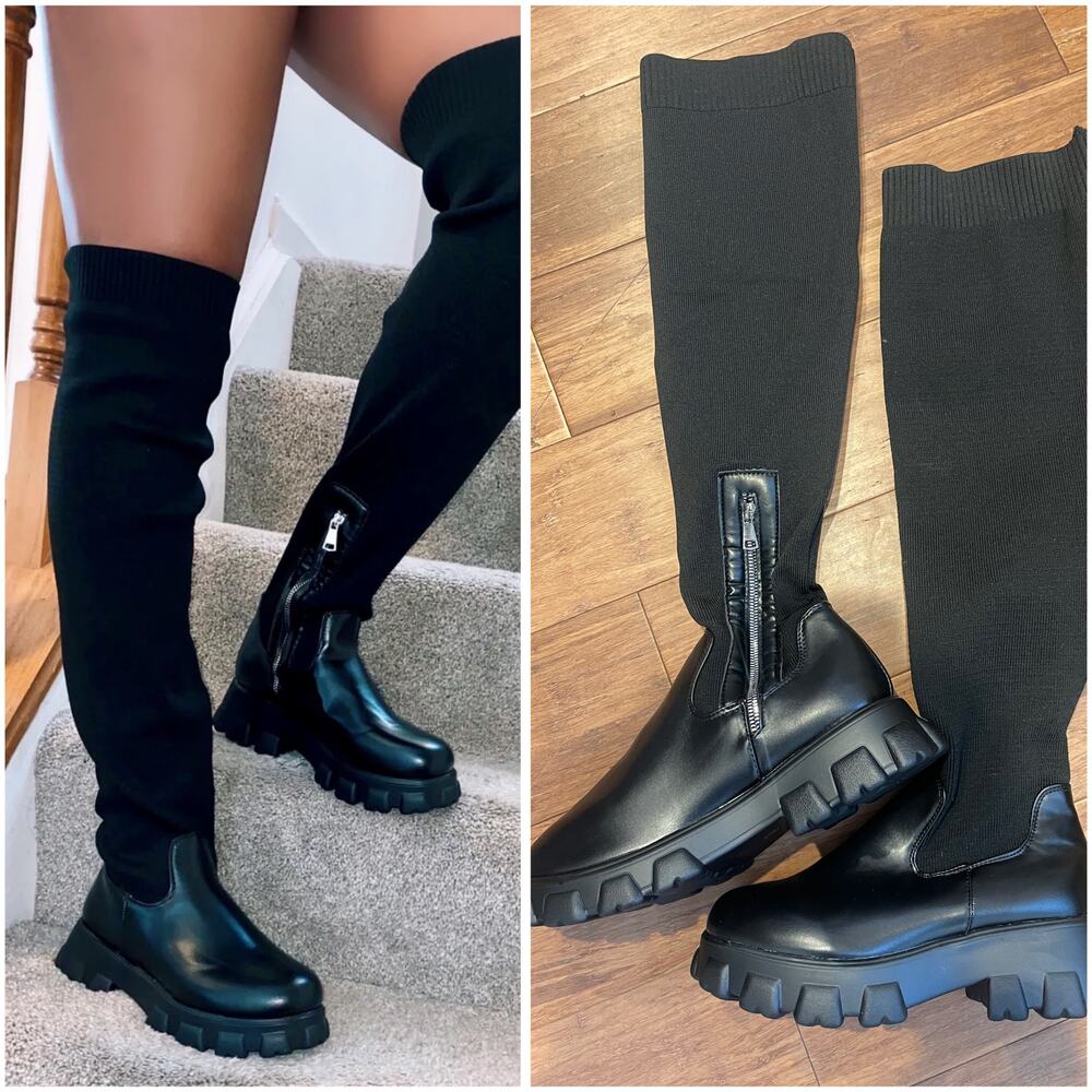 Over the Knee Black Platform Combat Thigh High Boots